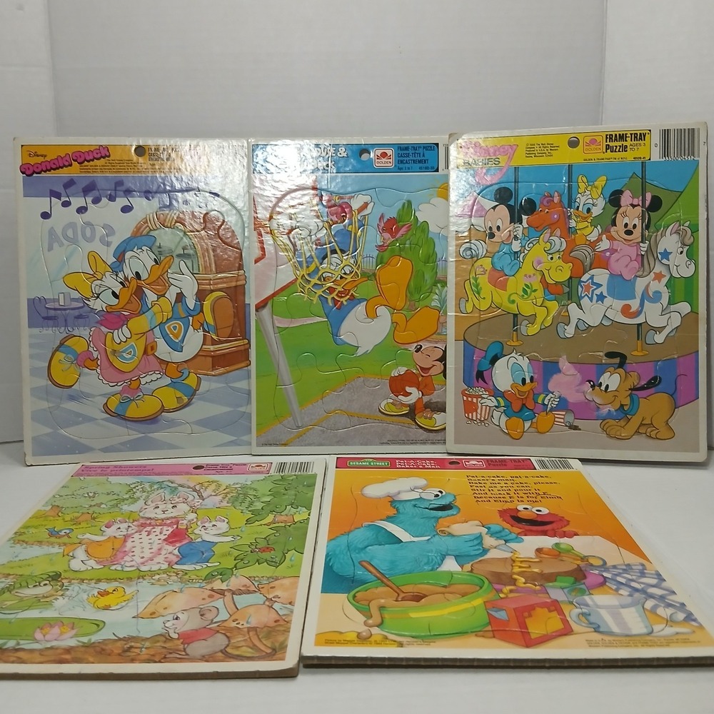 Vintage 1986 Disney Babies Golden Frame Tray Puzzle 12 Pcs Lot 5 Puzzles Mickey
